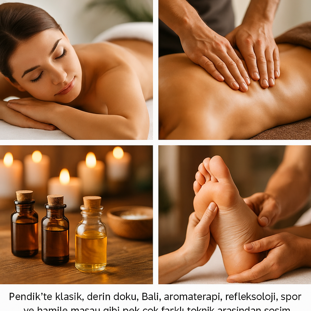 Pendik’te sunulan klasik masaj, derin doku, Bali, aromaterapi ve refleksoloji gibi farklı masaj türlerini gösteren profesyonel görsel